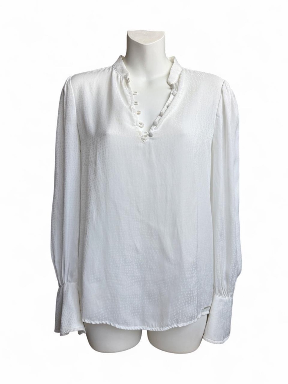 Elie Tahari White Women's Long-Sleeve V-Neck Button Trim Blouse